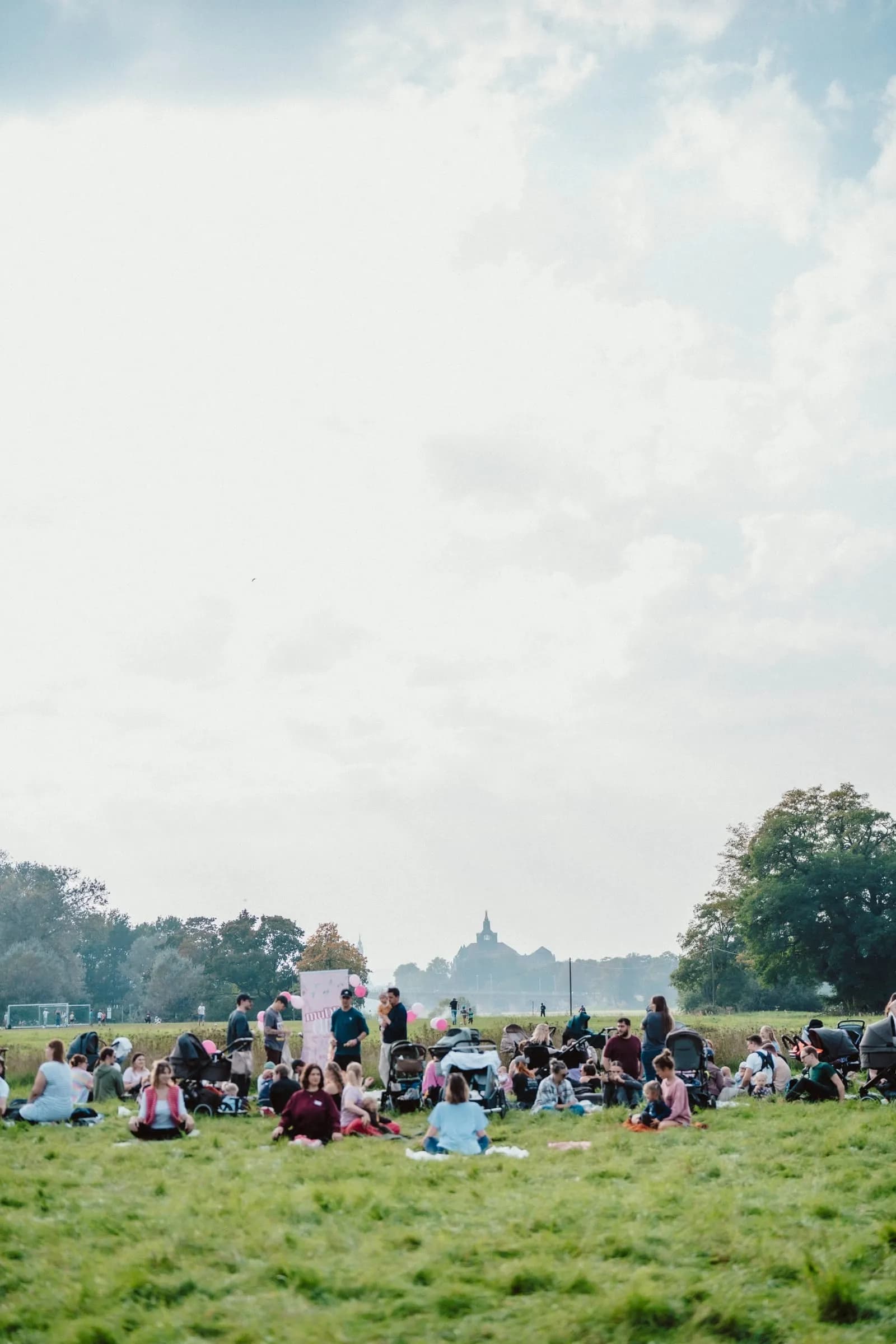 Viele Mamas mit Kindern sitzen beim muDDi Club Picknick auf einer Wiese, im Hintergrund die Silhouette der Frauenkirche